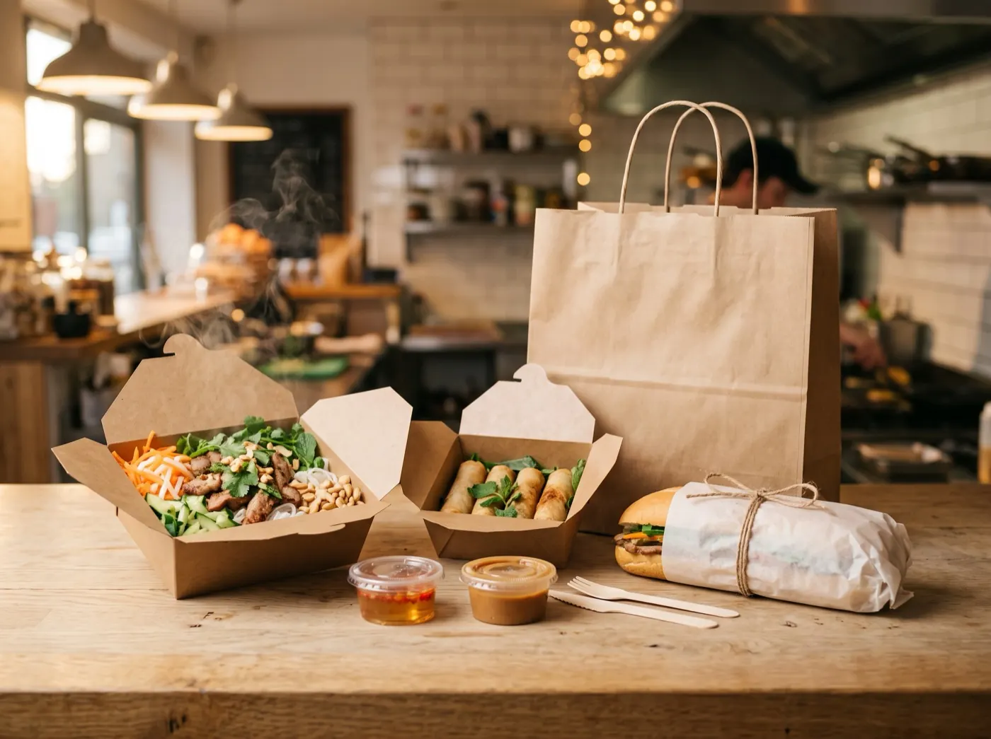 Hộp giấy kraft đựng bún, chả giò và bánh mì đóng gói sẵn sàng giao đi
